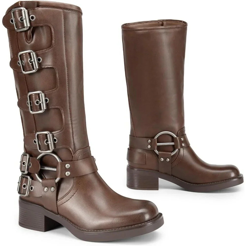 ⚡Women's Tan Polyurethane Knee High Riding Side Zipper Chunky Heel Boots - Picture 4 of 7